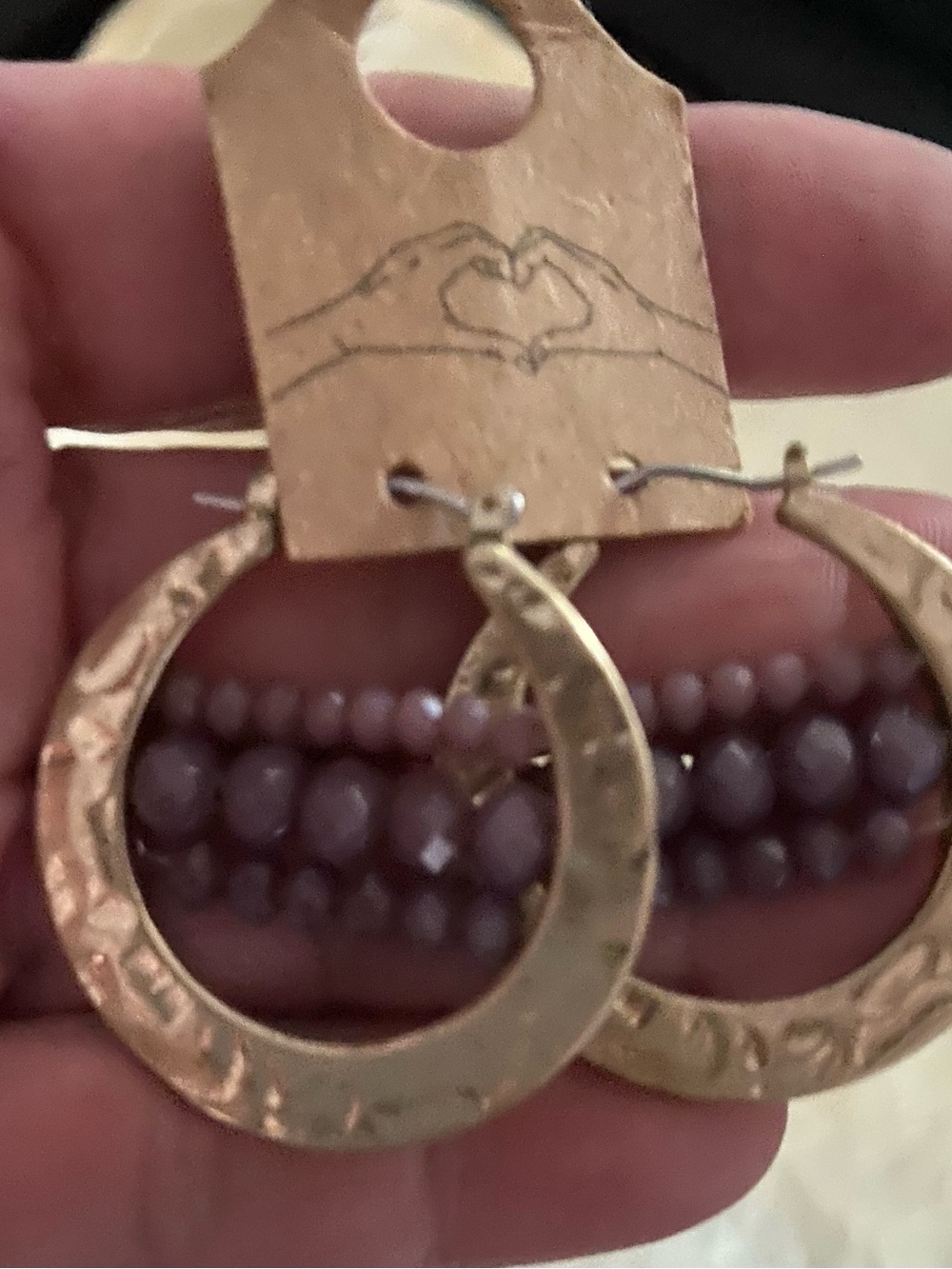 Gold-Tone Hammered Hoop Earrings with Purple Accent Beads